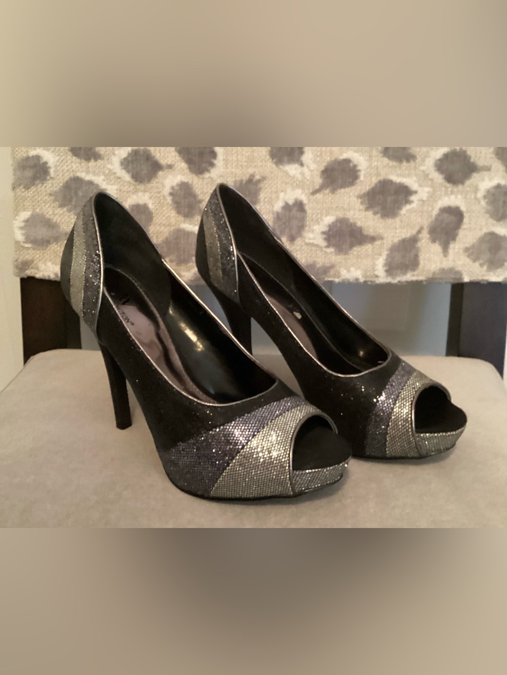 Worthington Black and Silver Glitter Peep-Toe Pumps